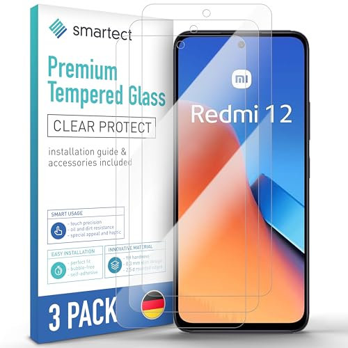 smartect Cristal Templado [3 Piezas, Clear] para Xiaomi Redmi 12 4G / 5G, Protector de Pantalla HD Antiarañazos, Sin Burbujas, Dureza 9H, 0.3mm Ultra Transparente, Ultra Resistente