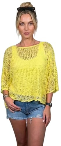 Alam Exclusive Women's Popcorn Top Crochet Oversized Knit Ladies Plain Batwing Boho Cover Up Summer Fish Net