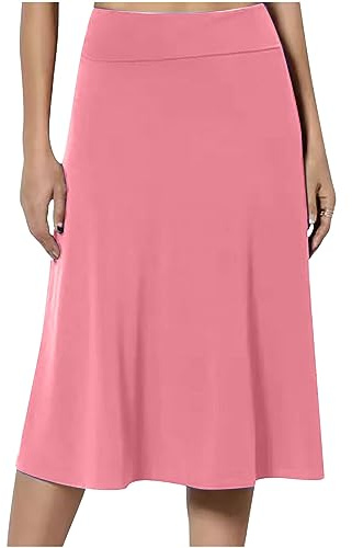 Pink Midi Skirts for Women UK Elasticated Waist Skirts Ladies Pleated A Line Knee Length Jersey Pencil Skirt Casual Summer Swing for Office Work Holiday Skirt