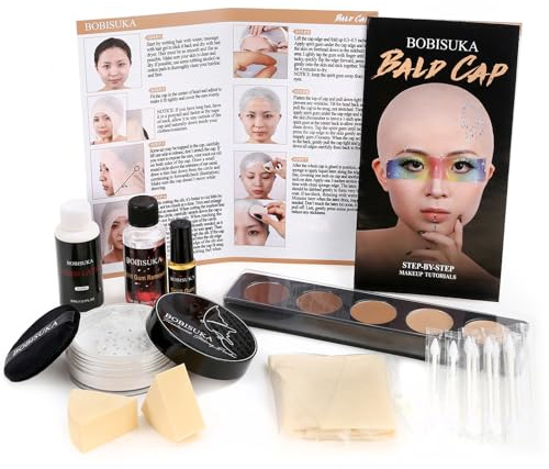 Bald Cap Halloween Makeup Kit for Men & Woman, Complete Bald Cap Costume Character Set, Realistic Bald Cap Kits for Cosplay Make Up, SFX Makeup, Dress-Up Party, Stage, Theater & Film