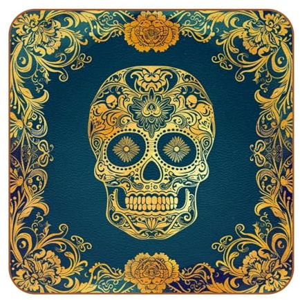 Sottobicchieri per tavolino da caffè, confezione da 6 sottobicchieri, teschio di zucchero pasquale, sottobicchieri in pelle per decorazione tavolino da caffè,