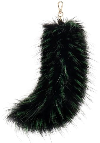Asudaro Fuchsschwanz Anhänger, Kunstpelz Schwanz Anhänger Plüschschwanz Schlüsselanhänger Fell Schwanz Keychain Charm Anhänger für Geldbeutel Auto Geldbörse, 25CM Schwarz Grün
