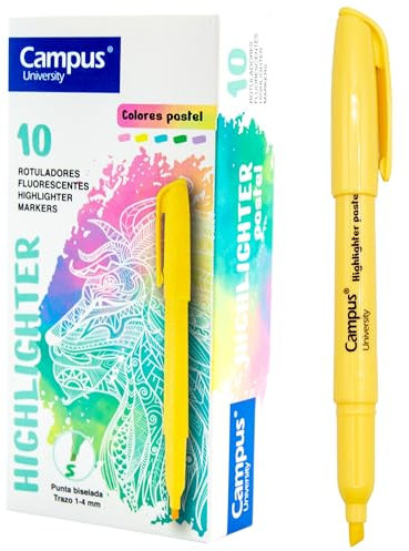 Campus Textmarker Pastell, Marker mit abgeschrägter Spitze, 10 Stück auf Wasserbasis, Textmarker in Pastellfarben (gelb)