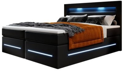 Boxspringbett Sevilla 180x200 Doppelbett Polsterbett Bett mit LED-Beleuchtung und Stauraum | Bezug: Kunstleder | Farbe: Schwarz | Härtegrad: H4 (100kg+)