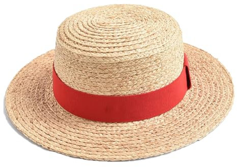 Sombrero de paja natural para mujer, sombrero de verano con lazo, parte superior plana, sombrero de playa para viaje, Sombrero de cinta roja, 6 7/8 / 7 1/8