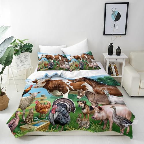 ANHOPE Bauernhof Tier Kuh Pferd Schaf Bettwäsche Set Microfaser Bettbezüge mit Reißverschluss 3 Teilig Bettbezug 155x220 cm + 2 Kissenbezug 80x80 cm Weich Ganzjahres Bettdeckenbezug Set