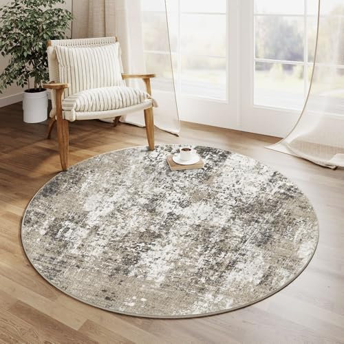 HUGEAR Moderner Abstrakter Runder Teppich 150 x 150 cm Brauner Kreis Eingangsteppich 5x5 Maschine Waschbar Küchenakzent Indoor Low Pile Distressed Wurf Wohnzimmer