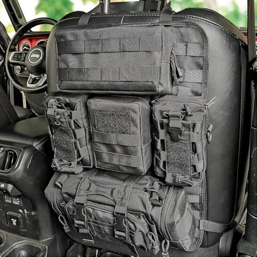 Molle-Sitzlehnen-Organizer, universeller taktischer Auto-Rücksitz-Organizer mit 5 abnehmbaren Taschen-1 Hüfttasche, 2 Wasserflaschentaschen, 1 taktische Tasche und 1 quadratische Tasche für die meiste