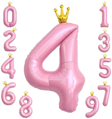 KOBOKO Zahlen Luftballon 4 Rosa, 40 Zoll Riesen Folienballon 4, Ballon 4 Geburtstag Mädchen, Luftballons Geburtstag Zahlen 4 Jahre, Helium Ballons Zahlen 4 mit Krone für Mädchen Geburtstag Party Deko