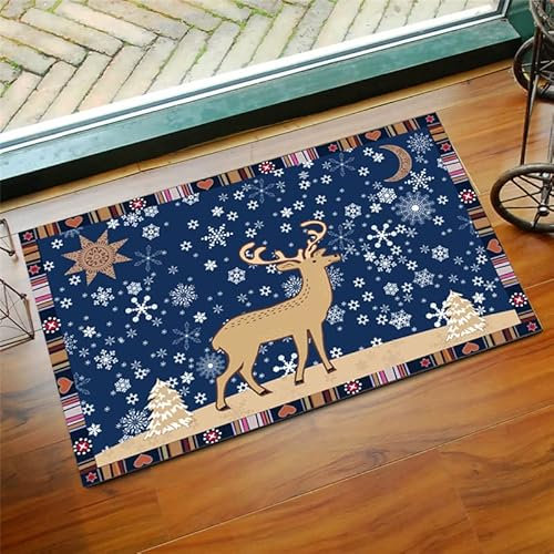 Fußmatte Schneeflocke Blauer Elch Fussmatte Aussen Innen Polyester Schmutzfangmatte Fußmatte Außen Innen rutschfest Teppich Wohnzimmer Verdicken Türmatte Waschbar Fussmatten Haustür 50x80cm