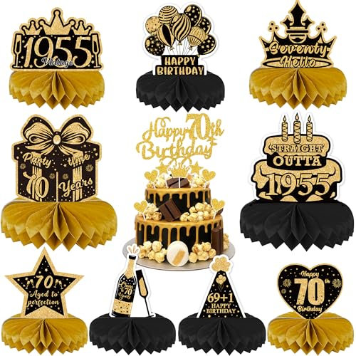 70th Birthday Table Decorations for Men - Black and Gold Party Supplies Honeycomb Centerpieces Cake Toppers for Women, 17 Pieces Cheers to 70 Years Vintage 1955 Decor Happy 70th Birthday
