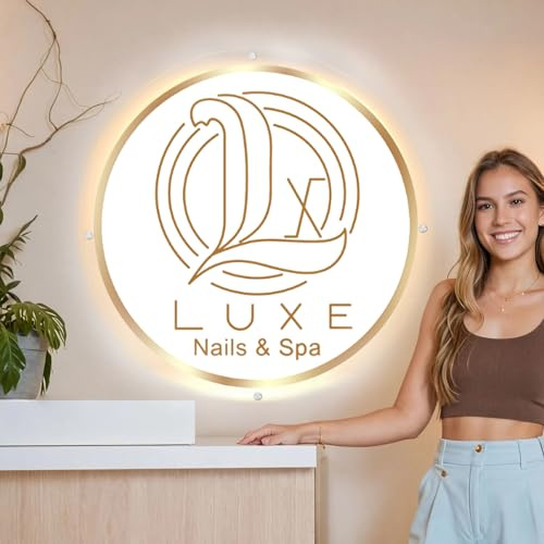 Custom Backlit Logo Sign, Plug/Battery Personalized Led Backlight Metal/Acrylic Round Sign for Business Wall, Wall Mount Lighted Signs Customizable for Spa Beauty Studio Office Room Storefront Decor