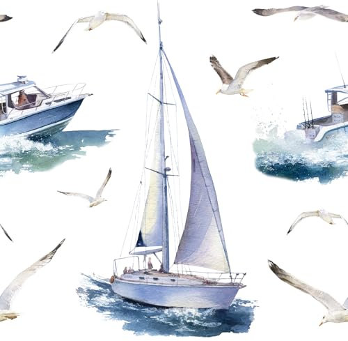 ReWallpaper Self Adhesive Wallpaper Nautical White Vinyl Wrap for Furniture Patterned Sail Boat Kids Wallpaper for Bedroom Boys 44.5CM×3M White and Blue Bathroom Wallpaper Waterproof Nursery