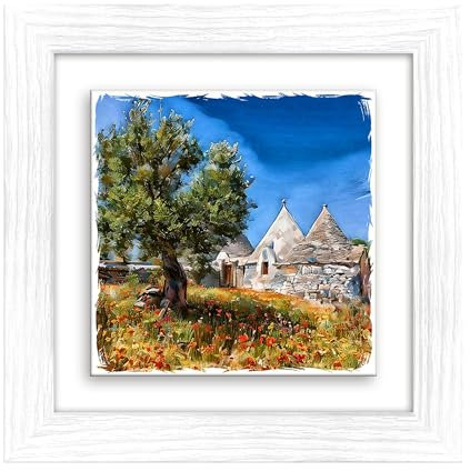 Lupia - Quadro moderno con paesaggi e localismi italiani, Ceramica e Stampa Rilievo, Cornice Legno Shabby Modern bianca, Decorazione Parete, Quadretti Soggiorno, 29x29 cm PUGLIA TRULLI E ALBERO ULIVO