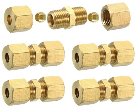 sourcing map 5Pcs Brass Compression Tube Fitting, 6mm Tube OD Connector, NPT Thread Compression Union Connectors & Compression Sleeves Ferrules, Brass Straight Coupling Adapter