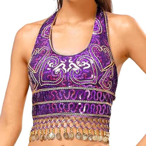 Generisch Top da donna con paillettes Crop Top Danza del ventre Reggiseno Top Talter Tank Top Costume con paillettes Nappa Top Top Top da donna, Lilla, Taglia unica
