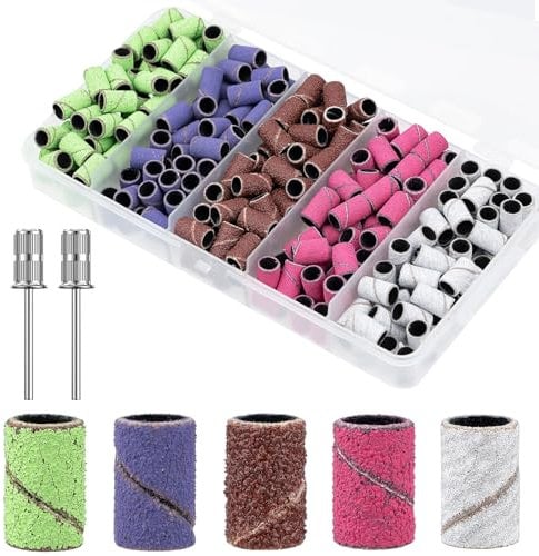 300Pcs Sanding Bands for Nail Drill, 80#120#150#180#240#Grit Sanding Bands with 2Pcs 3/32” Nail Drill Bits for Manicures Pedicure