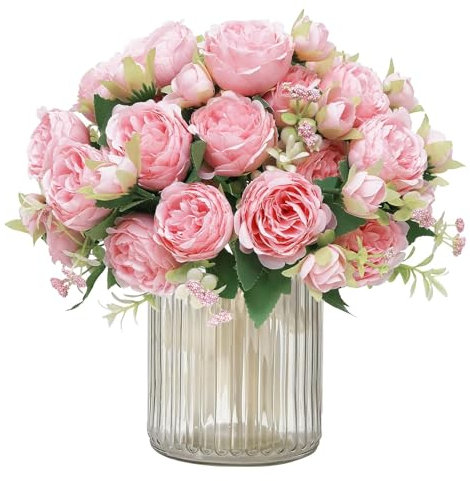 MisFun 3 Mazzi Peonie Artificiali, Peonie Finte Realistiche, Fiori Artificiali di Seta, Faux Bouquet di Peonies, per Decorazioni per il Partito, Tavolo da Pranzo, Decorazione di Nozze (Rosa Scuro)