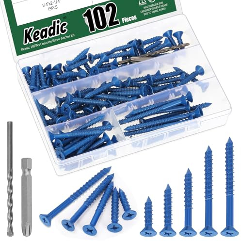 Keadic 100 PCS 1/4 Concrete Screw Anchor with Phillips Flat Head & Drill Bit Set- Perfect for Anchoring to Masonry, Block or Brick Stucco,Secure Fastening on Concrete (Blue)