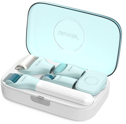 P-Beauty Microneedling Roller Gerät mit 9 Aufsätzen - Microroller Biomassagegerät für Narbenbehandlung, Mesotherapie, Massage, Hautpflege, Gesichtspflege - Anti-Aging Gesicht, Körper & Kopfhaut
