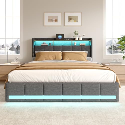 BRYXR Boxspringbett 140x200 mit Lattenrost,Stilvolles Polsterbett mit Stauraum, 4 Schubladen, Individueller LED-Beleuchtung, USB und Typ-C-Anschlüssen, Modernes Graues Design für optimalen Komfort
