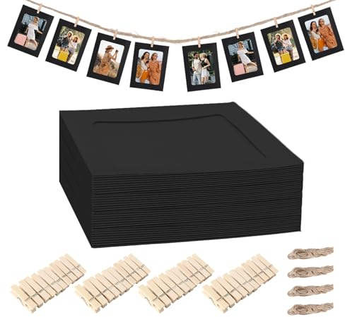 30 Stück Papier Bilderrahmen Fotogirlande Set, 11.5x15.5 cm/6.1x4.53 Inch Fotowand Dekor DIY Karton Bilderrahmen mit 3 Hanfseil Und 30 Holzklammern für DIY Wanddekor Geburtstag Hochzeit (Schwarz)