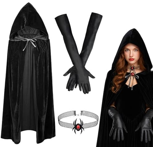 YceLon Hexenkostüm Damen 3-tlg Set mit Schwarzer Umhang mit Kapuze - Karneval Kostüm Damen für Halloween Party und Mottoparty, Inklusive Umhang, Lange Handschuhe und Spinnenkette