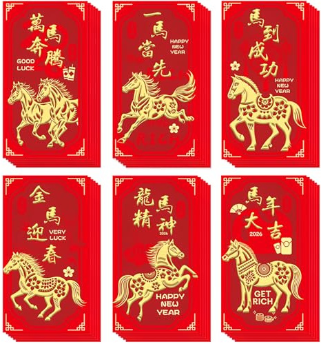 Lot de 36 enveloppes rouges pour le Nouvel An chinois 2026, Hongbao - Année du cheval porte-bonheur - Enveloppes cadeaux gaufrées pour l'argent, les festivals de printemps et le Nouvel An