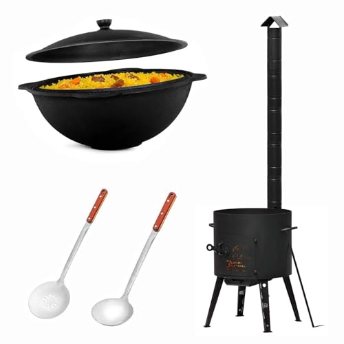 Ø40 Uchag 2 mm Stahl mit verlängertem XXL-Abzugsrohr 12L Kazan Kasan (flacher boden) Utschak Utschag Feldküche Feuerstelle Campingofen Außenküche Rohr extra land Eintopfofen Schaumkelle Suppenkelle