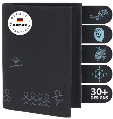 Oxmox Geldbörse Herren/Portemonnaie Damen | Wallet mit RFID Schutz | New Cryptan (Vegan) | 8 Kreditkartenfächer | Kombibörse Hochformat | schwarz | Jumping Jack 2.0 Print Grey