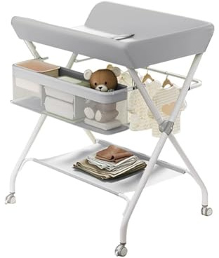 Table à Langer Bébé Pliable Avec Poches Latérales Et Roulettes, 60x80x103 Cm - Plan à Langer Bébé Portable Avec Panier Et Sécurité - Support Jusqu'à 25 Kg Pour Nouveau-Nés, Ergonomique Et Pliable,Gris