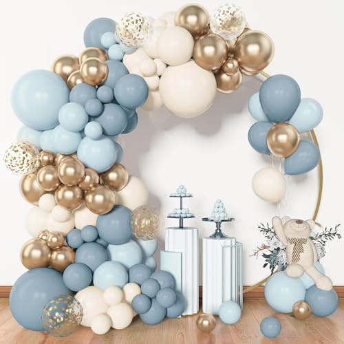 BlueCloudy 153pcs Dusty Blue Balloon Garland Arch Kit for Birthday | Different Sizes 18 12 10 5 inch Blue White Sand Latex Metallic Confetti Gold Balloons for Boho Party Decorations Supplies