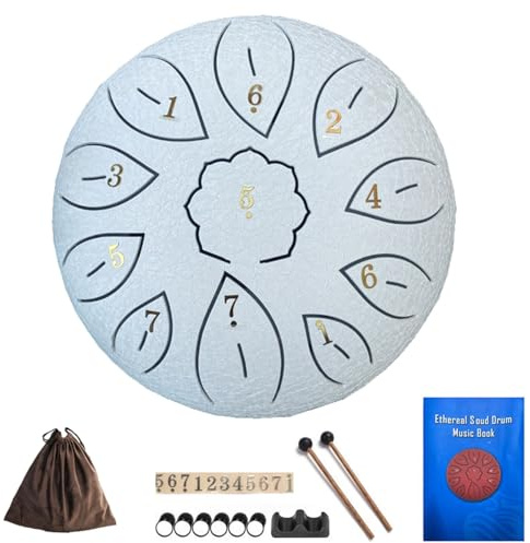 Steel Tongue Drum 6 Inch 11 Notes, G Tone Healing Hand Pan Drum, With Carry Bag, Music Book, Mallets, Finger Picks, Stickers for Beginner(Weiß)