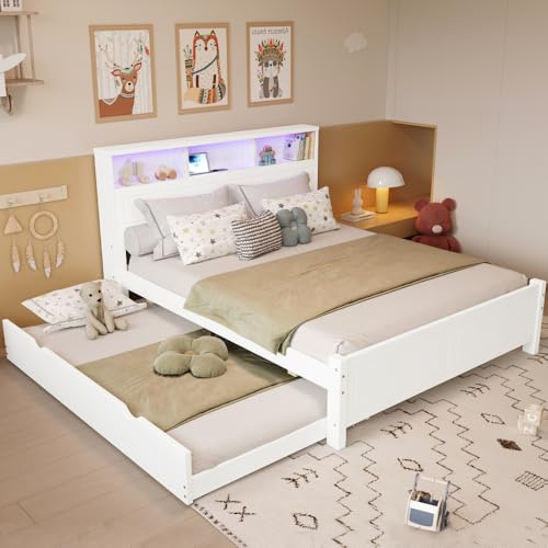 Cama para 2 personas 120x200 y 90x190cm, caja de sombreado de cama con y USB, marco de cama doble con banda de luz ambiental, con correa, arreglo de la cabeza, marco de pino, pasador de MDF, blanco