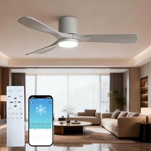 42 Smart Ceiling Fan with Lights, 3-Blade Low Profile Flush Mount Ceiling Fan, Remote App Control, 6 Speeds Reversible DC Motor, 3 Colour Dimmable Modern Ultra-Quiet Fan Light for Living Room, White