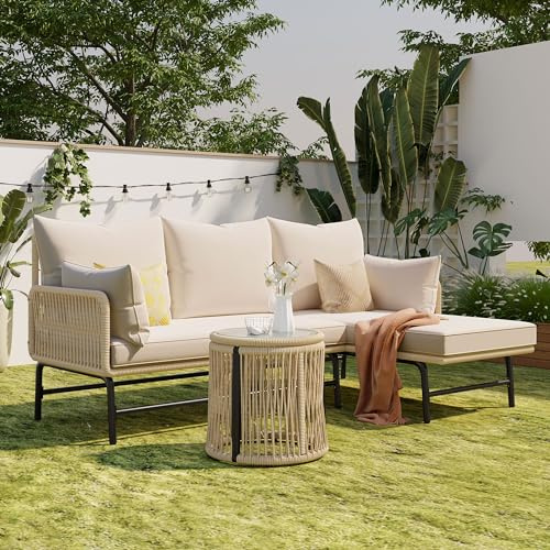 BTM Gartenlounge-Set, Gartenmöbel-Set, Gartenlounge mit Eisengestell und beigem Seilbezug, Gartenmöbel aus gewebtem Seil für den Außenbereich, L-förmiges Gesprächsset mit Tisch, Beige
