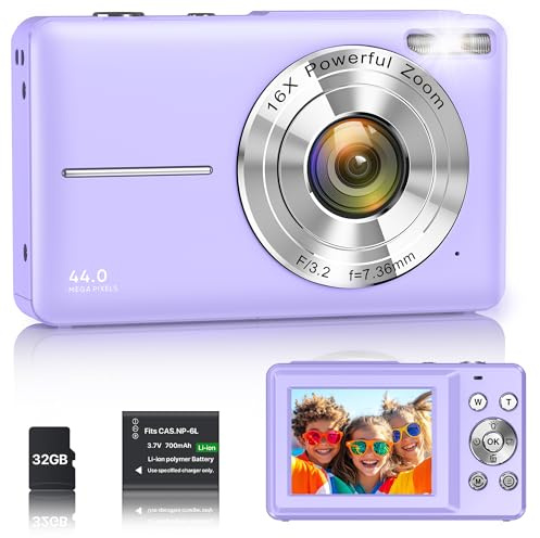 Fotocamera Digitale 1080P 44MP Macchina Fotografica Vlogging per Bambini Ragazzi, FHD Compatta Portatile con Schermo da 2,4 Zoom 16X, Mini Fotocamera Anti-Shake per Principianti Studenti-Viola
