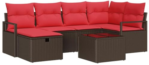 vidaXL Sofa Set mit Kissen 7 pcs Braun und Rot Poly-Rattan, Garten & Terrasse, modularer Sofa, UV-beständige Materialien, leichtes Design, entspannter Sitzkomfort für den Frühling