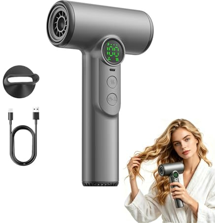 Cordless Hair Dryer, Portable Rechargeable Blow Dryer with Digital Display, 3 Heat & Speed Settings, USB Type‑C Charging, Lightweight Travel Hair Dryer for Home Dorm Travel Camping & Outdoor,Dark Grey