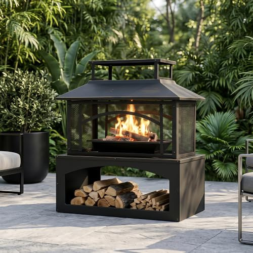 Aoxun 61cm Feuerschale für den Außenbereich mit Holzfach, Stahlkamin mit Funkenschutzgitter und Schürhaken, Terrassenheizung mit herausnehmbarer Ascheschale für Garten und Terrasse