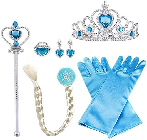 Vicloon ELSA Set, Eisprinzessin Set,ELSA Handschuhe, Pfirsichherz Krone, Zauberstab, Ring, Ohrring, Clip-On Toupet, Set von 8