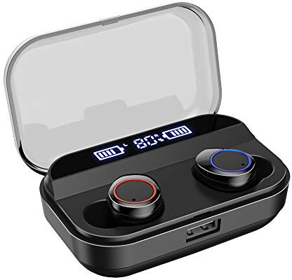 WANGLXBT Portable Bluetooth Earphone 5.0 Headphones Ear 8d Hifi Stereo Sound with 7h Playtime, Ipx7 Waterproof Automatic Pairing, Built-in Mic and 3500 Mah Portable Charging Case HiFi, Black