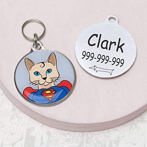 Snout Fashion Supercat, Edelstahl Etikett ID Tag für Katzen - Super Man in der Welt der Katzens, Personalisierte ID-Tags