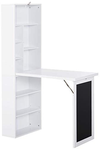 HOMCOM Wall Mounted Computer Desk, Folding Study Table with Black Board and Bookshelf, Multifunctional Floating Writing Desk for Home Office, White
