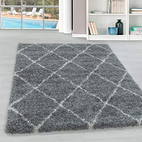 Hochflor Wohnzimmer Teppich Modern Deko Geometrisch Design Flauschiger & Weicher Langflor Shaggy Rechteckig Teppich Schlafzimmer Farbe: Grau, Grösse: 280 x 370 cm