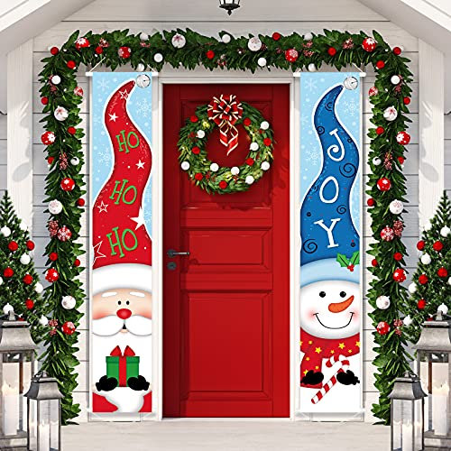 Decoración de Bandera de Navidad Letrero de Porche de Feliz Navidad Pancarta de Puerta de Colgante de Navidad con Muñeca de Nieve y Papá Noel Decoración de Bandera de Colgante Exterior