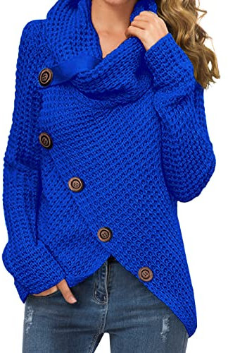 GRECERELLE Women's Winter Jumpers Knit Warm Turtle Neck Wrap Asymmetric Hem Jumper Sweater Tops with Button for Ladies (Royal Blue, M)