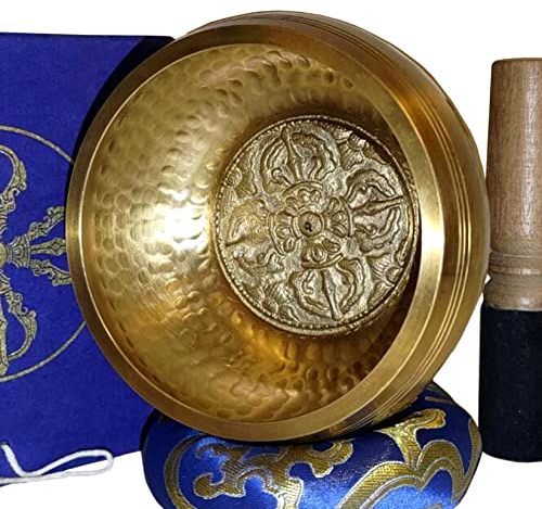 TARORO Bol chantant tibétain ~ 7 Métaux, Ø12 cm, originale du Népal, faite à la main ~ Set avec coussin, maillet et coffret bleu ~ Méditation, Chakra et thérapie du son