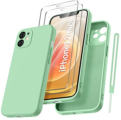 Qasyfanc HandyHülle für iPhone 12 Mini Hülle Silikon case mit 2 Stück schutzfolie, Ultra Microfiber TPU Flüssig silikon mit Kameraschutz Kratzfeste Rundumschutz Schutzhülle 5.4''-MatchaGreen