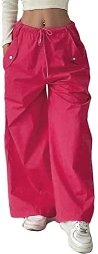 ORANDESIGNE Pantalon Cargo Femmes Y2K Baggy Rétro Loose Denim à Bretelles Multi-Poche Streetwear Jambes Larges Taille Haute Droites K Rose Rouge M